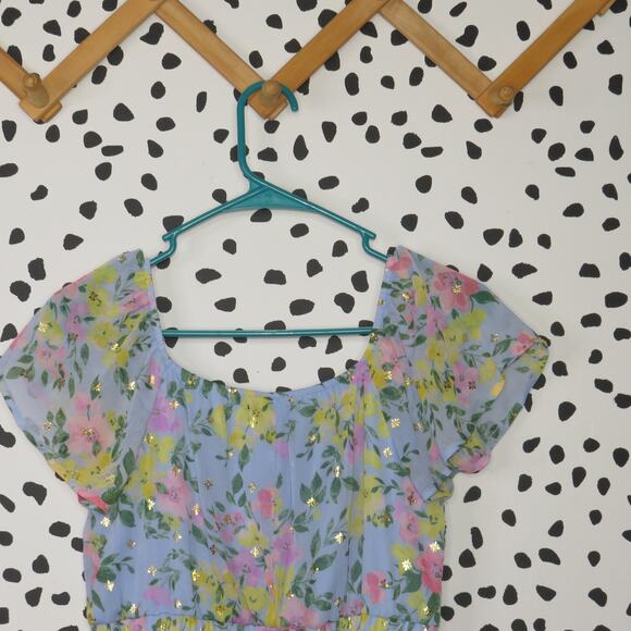 Trixxi Girl Blue Floral Print Chiffon Flutter Sleeve Girls Spring Dress - Picture 4 of 7